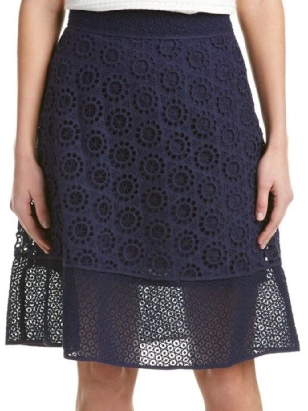 Trina Turk New Skirt Designer Embroidered Crochet Lace Cotton Knee Navy Sz 8